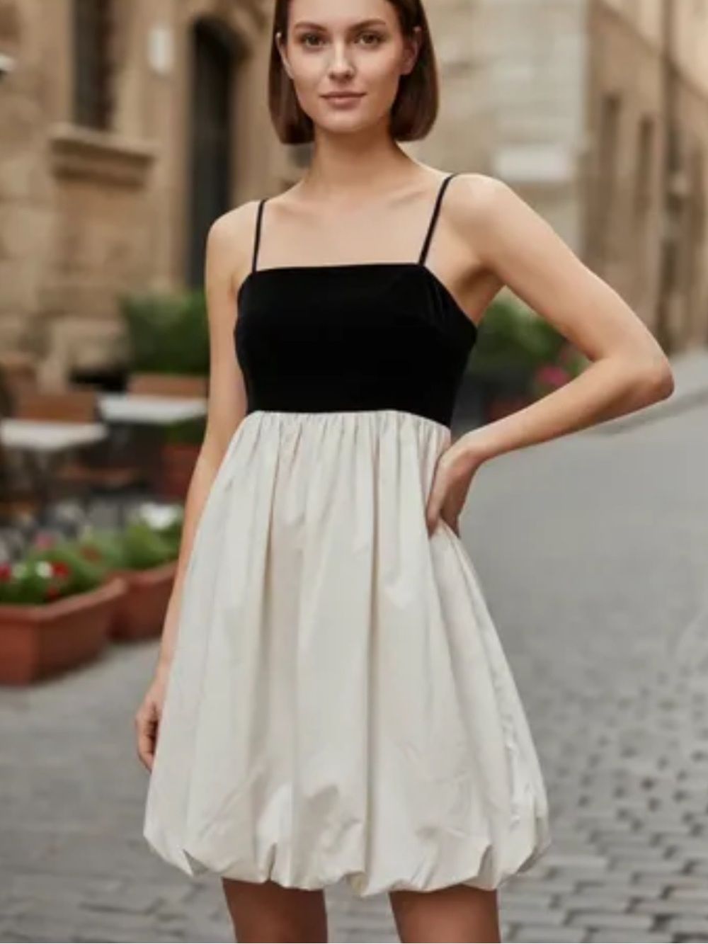 American Eagle Outfitters Black and Cream Spaghetti Strap Mini Dress
